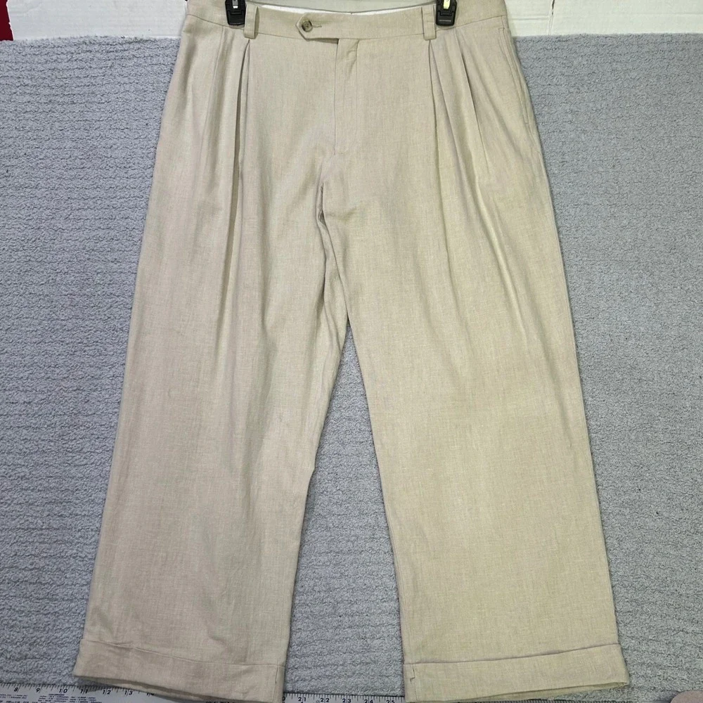 Sean John Trousers Pleated 38x30 Tan Vintage 90s Linen Blend Wide Leg Y2K Hip